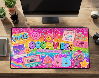 Decora Kei Desk Mat Pink Rainbow Rubber Mousepad Large Cute Kawaii Gaming Desk Pad