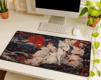 Kitsune Desk Mat Japanese Red White Nine Tail Fox Large Rubber Mouse Pad