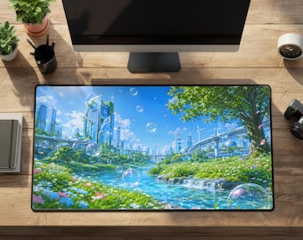 Frutiger Aero Desk Mat, Futuristic Nature City Rubber Mousepad, Large Blue Green Gaming Pad