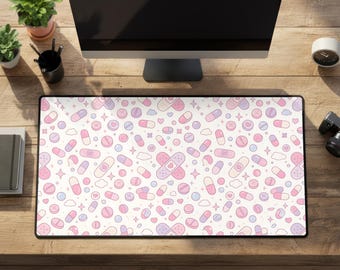 Menhera Pastel Goth Pills Desk Mat: Large Rubber Medical Aesthetic Mouse Pad