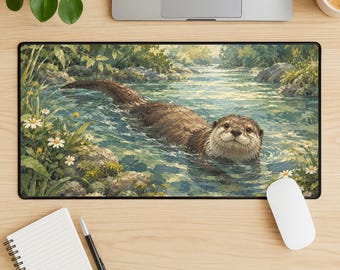 River Otter Desk Mat, Nature River Mouse Pad, Wildlife Woodland Office Decor