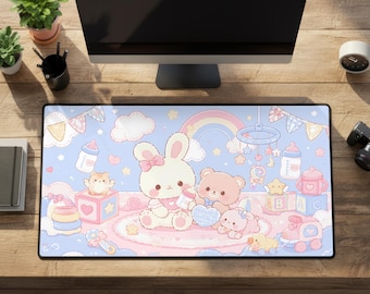 Agere Desk Mat, Pastel Pink Blue Kawaii Bunny Bear Rubber Mousepad
