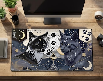 Therian Celestial Wolf Cat Desk Mat: Large Rubber Mystic Gaming Mouse Pad