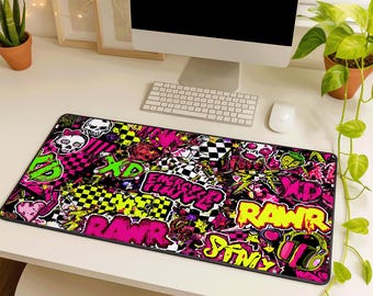 Scenecore Neon Emo Desk Mat: Scene Kid Y2K Rawr XD Large Rubber Mouse Pad