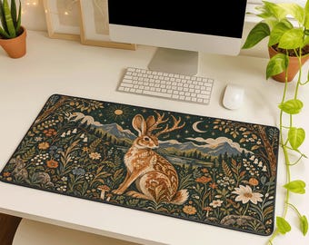 Jackalope Desk Mat, Green Forest Botanical Mousepad, Large Non-Slip Rubber Base Gaming Pad