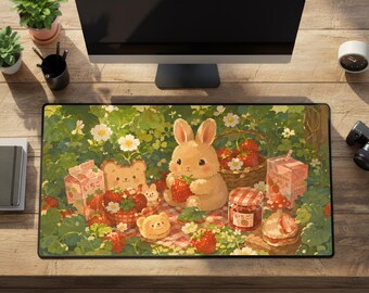 Juminocore Desk Mat - Green Strawberry Bunny Cottagecore Large Mouse Pad