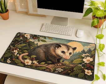 Possum Desk Mat, Vintage Woodland Animal Mouse Pad, Botanical Forest Office Decor