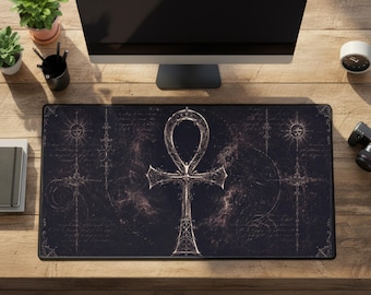 Ankh Desk Mat, Dark Gothic Egyptian Symbol Mouse Pad, Black Gold