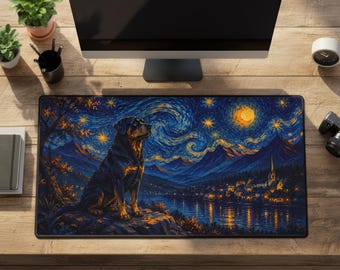 Rottweiler Desk Mat, Starry Night Blue Rubber Mousepad, Large Gaming Pad