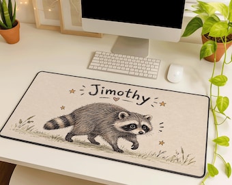 Jimothy Racoon Desk Mat, Vintage Raccoon Mouse Pad, Large Desk Pad, Cute Woodland Office Decor
