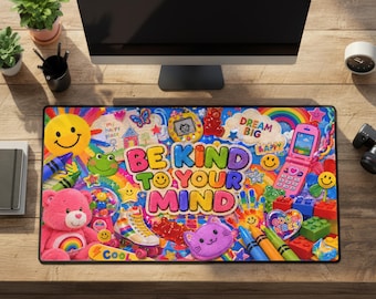 Kidcore Desk Mat, Colorful Nostalgic Rainbow Be Kind XL Gaming Mouse Pad