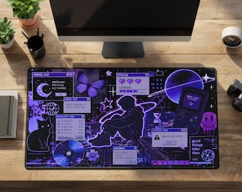 Cybercore Desk Mat Purple Pixel Art Y2K Gaming Mouse Pad Rubber Base