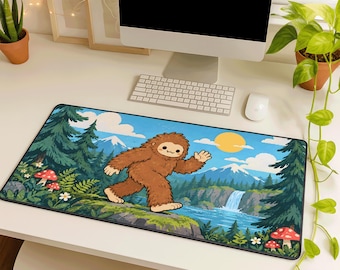 Bigfoot Desk Mat, Cute Forest Mouse Pad, Sasquatch Gaming Desk Pad, Woodland Computer Mat