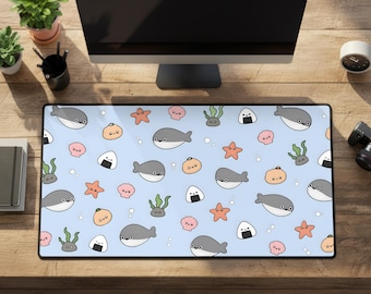 Sacabambaspis Desk Mat, Blue Kawaii Fish Extended Gaming Mousepad, Non-Slip Rubber Base