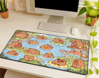 Capybara Desk Mat, Cute Kawaii Animal Mouse Pad, Brown Watercolor Gaming Desk Pad, Large Computer Mat