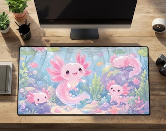 Axolotl Desk Mat, Pink Pastel Underwater Kawaii Mouse Pad, Rubber Base XL