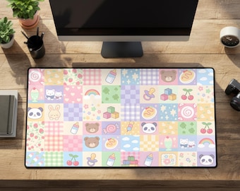 Agere Pastel Patchwork Desk Mat: Kidcore Large Rubber Gaming Mouse Pad