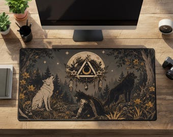 Therian Wolf Desk Mat - Black and Gold Cottagecore Dark Botanical Rubber Mousepad
