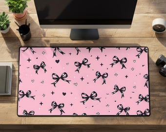 Jirai Kei Pink Coquette Bow Desk Mat: Kawaii Rubber Mouse Pad Large