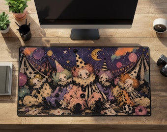 Clowncore Desk Mat, Vintage Dark Circus Harlequin Rubber Mousepad