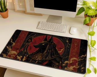 Anubis Desk Mat, Black Gold Egyptian God Gaming Mousepad, Large Rubber Base Table Runner