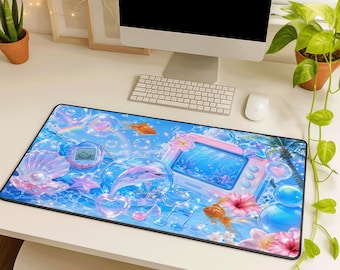 Frutiger Aqua Desk Mat, Blue Y2K Water Aesthetic Large Fabric Rubber Mouse Pad