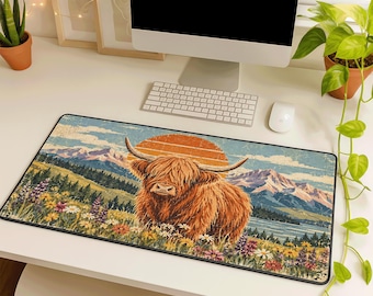 Highland Cow Desk Mat, Rustic Cow Desk Pad, Western Mountain Mouse Pad