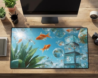 Frutiger Aero Goldfish Desk Mat: Y2K Glass Bubble Large Rubber Mouse Pad
