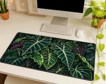 Alocasia Desk Mat, Dark Green Botanical Mouse Pad, Tropical Leaf Desk Pad, Plant Lover Office Decor