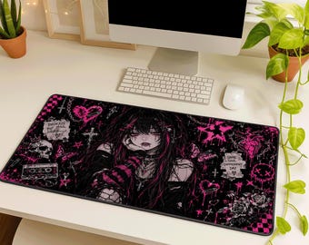 Emo Pink Black Desk Mat, Gothic Anime Style Extended Mouse Pad