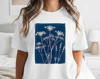 Cyanotype Shirt Botanical Wildflower Tee, Cotton  Adult S-5XL Multiple Colors