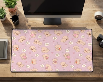 Puppygirl Pink Aesthetic Desk Mat: Large Rubber Mouse Pad for Office