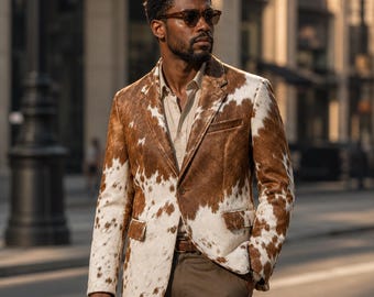Męska marynarka ze skóry bydlęcej w kolorze brązowym, białym, w stylu western, z nadrukiem krowy, sportowa kurtka w stylu vintage rodeo, dopasowana do sylwetki ranczera