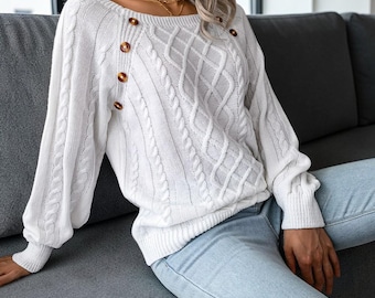 Textured Knit Sweater – Square Neck Button Detail Pullover, Cozy Autumn Jumper