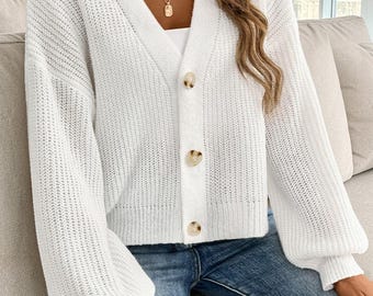 Minimalist V Neck Knit Cardigan, Soft Deer Plush Button Sweater