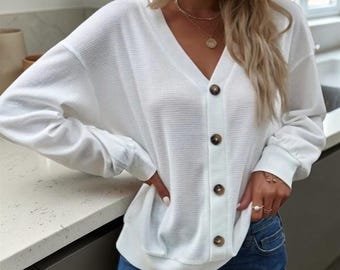 Waffle Knit V-Neck Button Top – Women’s Relaxed Long Sleeve Casual Blouse