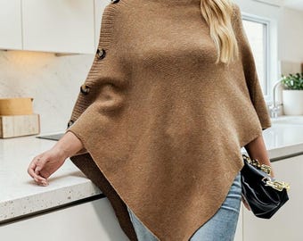 Knit Hooded Cardigan Cape, Button Detail, Minimalist Autumn Layering Coat