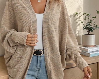 Minimalist Knit Cardigan, Open Front Mid-Length Sweater, Soft Winter Layering Jacket