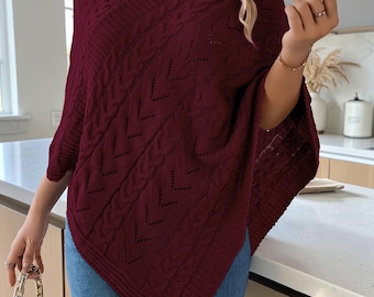 Cable Knit Poncho Sweater Oversized V Neck Knit Pullover, Cozy Autumn Layering Top, Relaxed Batwing Knit Jumper