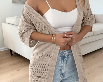 Lightweight Hollow Knit Cardigan, Open Front Summer Beach Cover Up