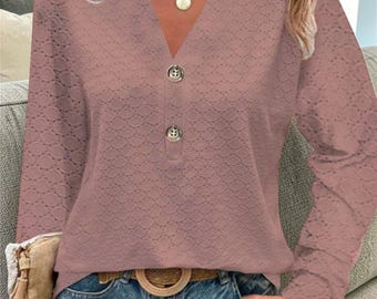 Minimalist V-Neck Button Blouse – Women’s Loose Long Sleeve Casual Top