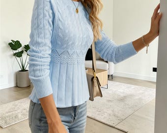 Top midi de punto plisado, cintura ajustada, manga larga, estilo otoño-invierno