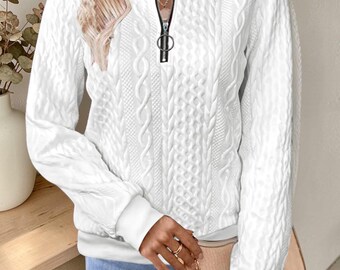 Waffle Knit Quarter Zip Pullover – Loose Fit Long Sleeve Sweater, Casual Top