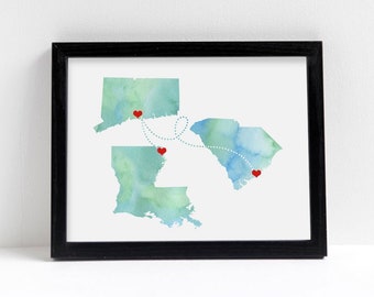 Any Three States Love Wedding Gift Personalized State Watercolor Series Art Print Long Distance Map Art Engagement Water Color Gift