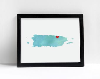 Puerto Rico or ANY STATE Map - Custom Personalized Heart Print - Hometown Wall Art Gift Souvenir - Watercolor Series Custom Map art