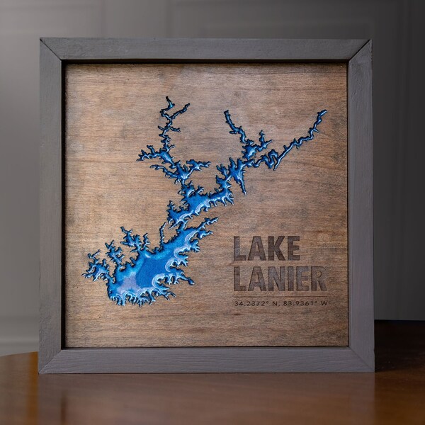 Lake Lanier Georgia framed 3D wood map -  10.5 x 10.5 - Laser Cut Wall Art  - Nautical Gift Handmade - Sidney Lanier Atlanta, Lake House