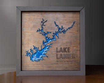 Lake Lanier Georgia framed 3D wood map -  10.5 x 10.5 - Laser Cut Wall Art  - Nautical Gift Handmade - Sidney Lanier Atlanta, Lake House