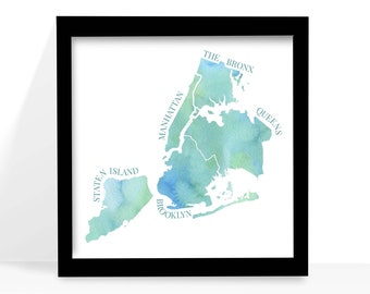 New York Five Boroughs - Watercolor Art Print Gift  - Bronx, Brooklyn, Manhattan, Queens, Staten Island