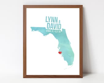 Florida Wedding Couple's Map - Custom Personalized Anniversary Art Print - Gift - Souvenir - Watercolor Series