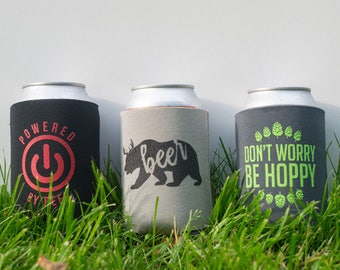 Funny witty beer can cooler trio - three pack - stocking stuffer - Beer Bear - Powered by Beer - Don't Worry Be Hoppy